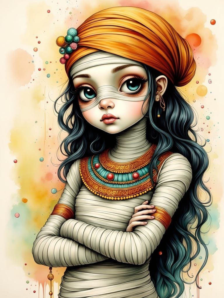 Cozy Egyptian Mummy Girl in Vibrant Pastel