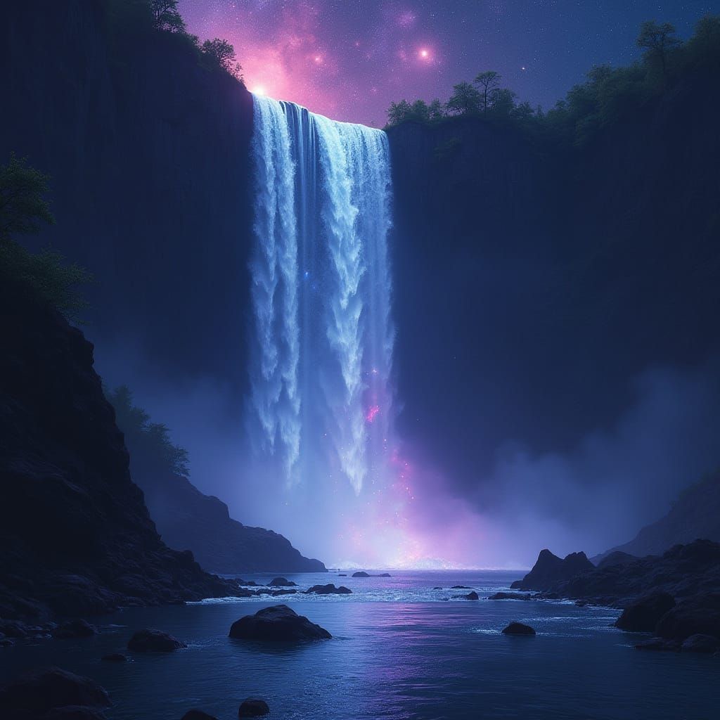 Bioluminescent Waterfall Cascades in Space: Digital Art