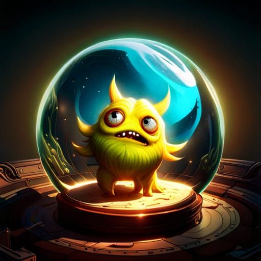 Cute Sun Monster in Glass Sphere, Dark Fantasy Art
