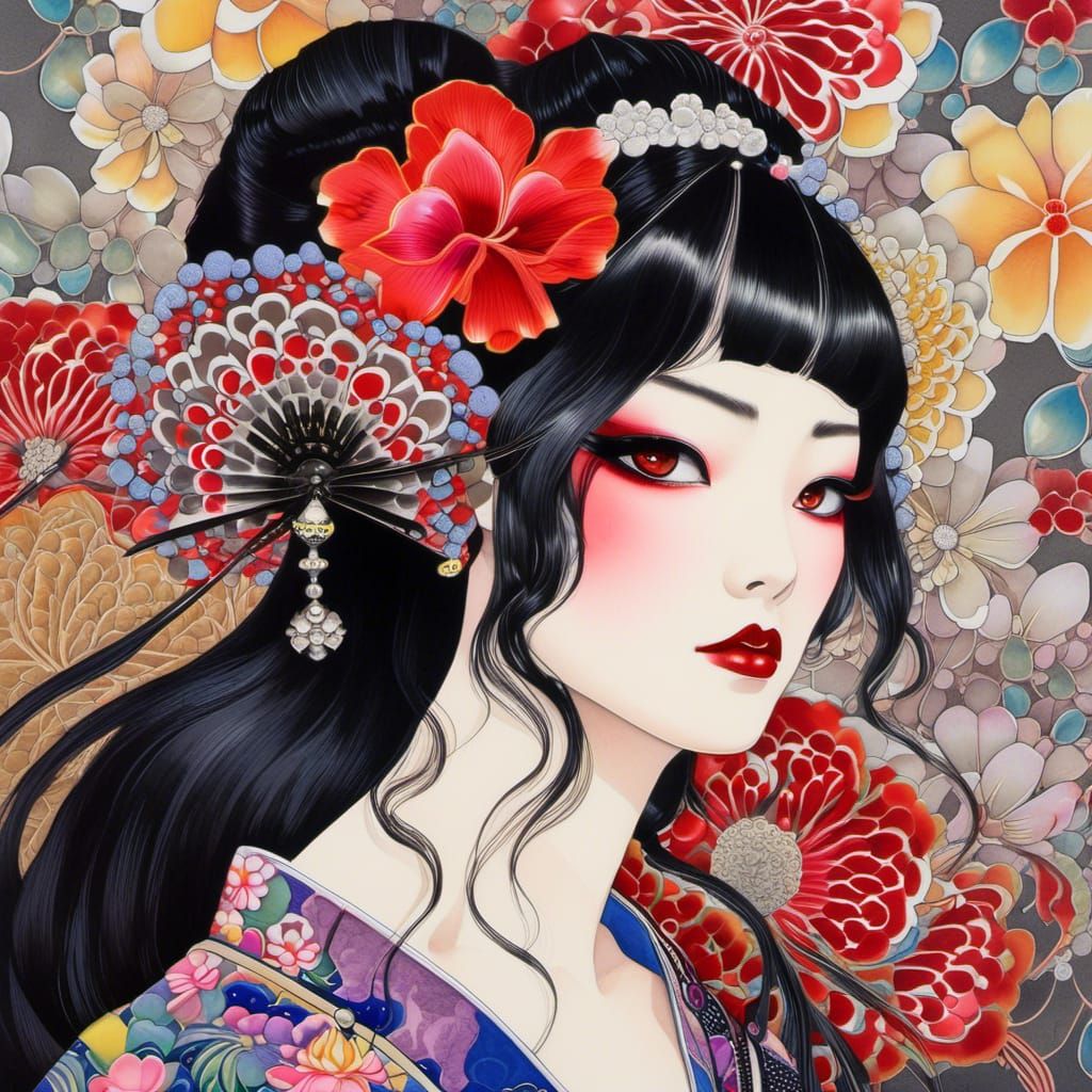 Surreal Japanese Princess Portrait with Ukiyo-e Symbolism