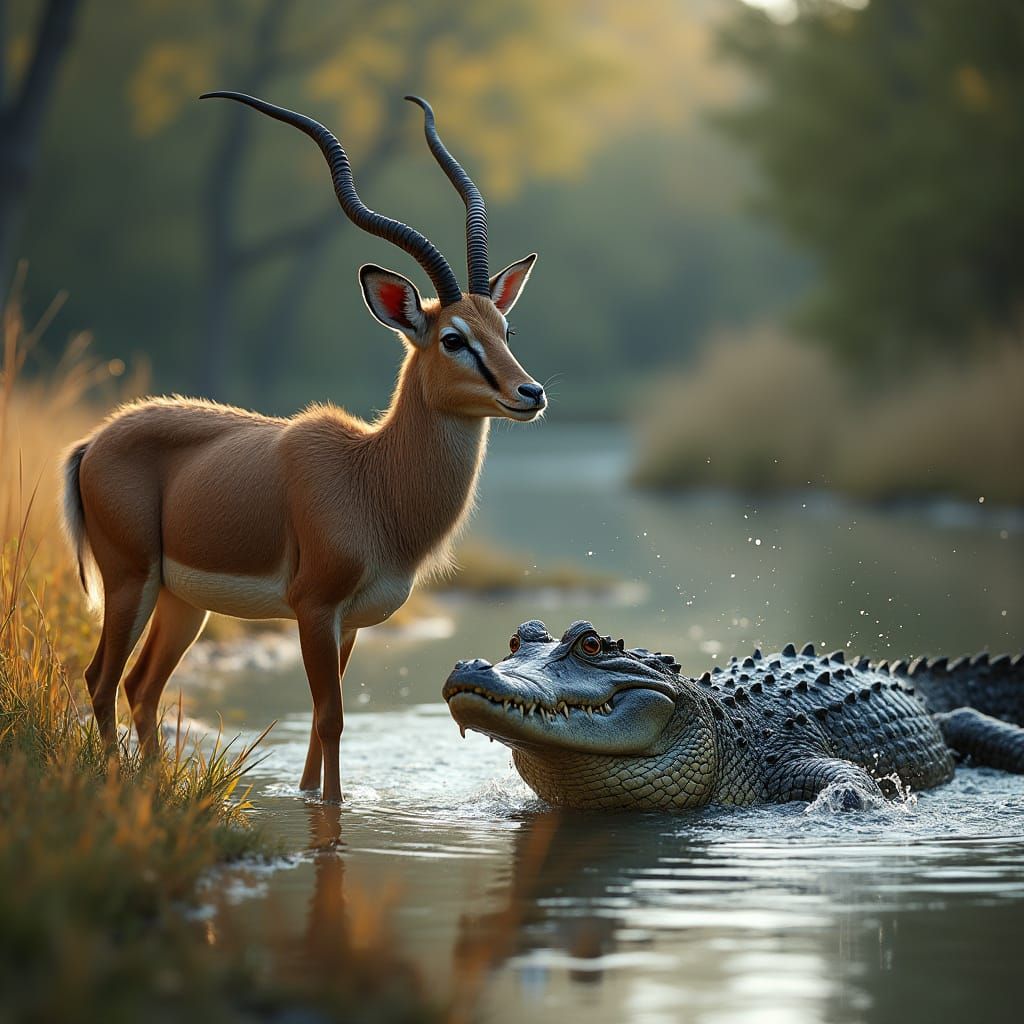 Gazelle Meets Crocodile by River in Photorealistic Style