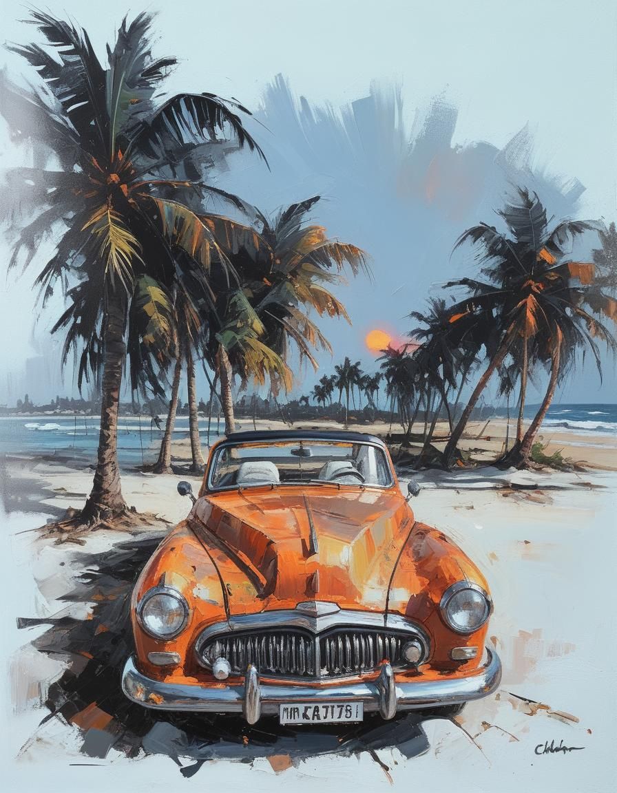 Classic car at the beach, palm trees in the background. Impa...