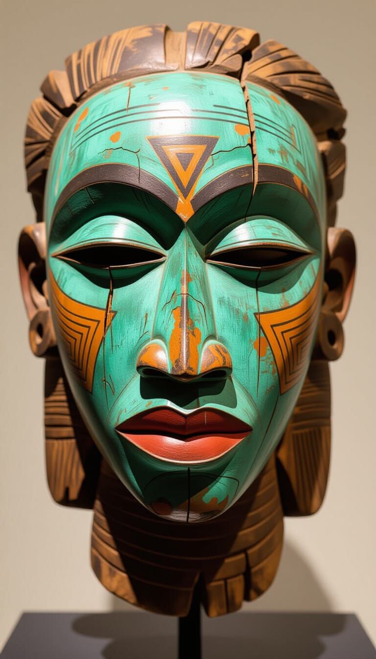 Ancient Wooden Mask with Turquoise and Ochre Pigments