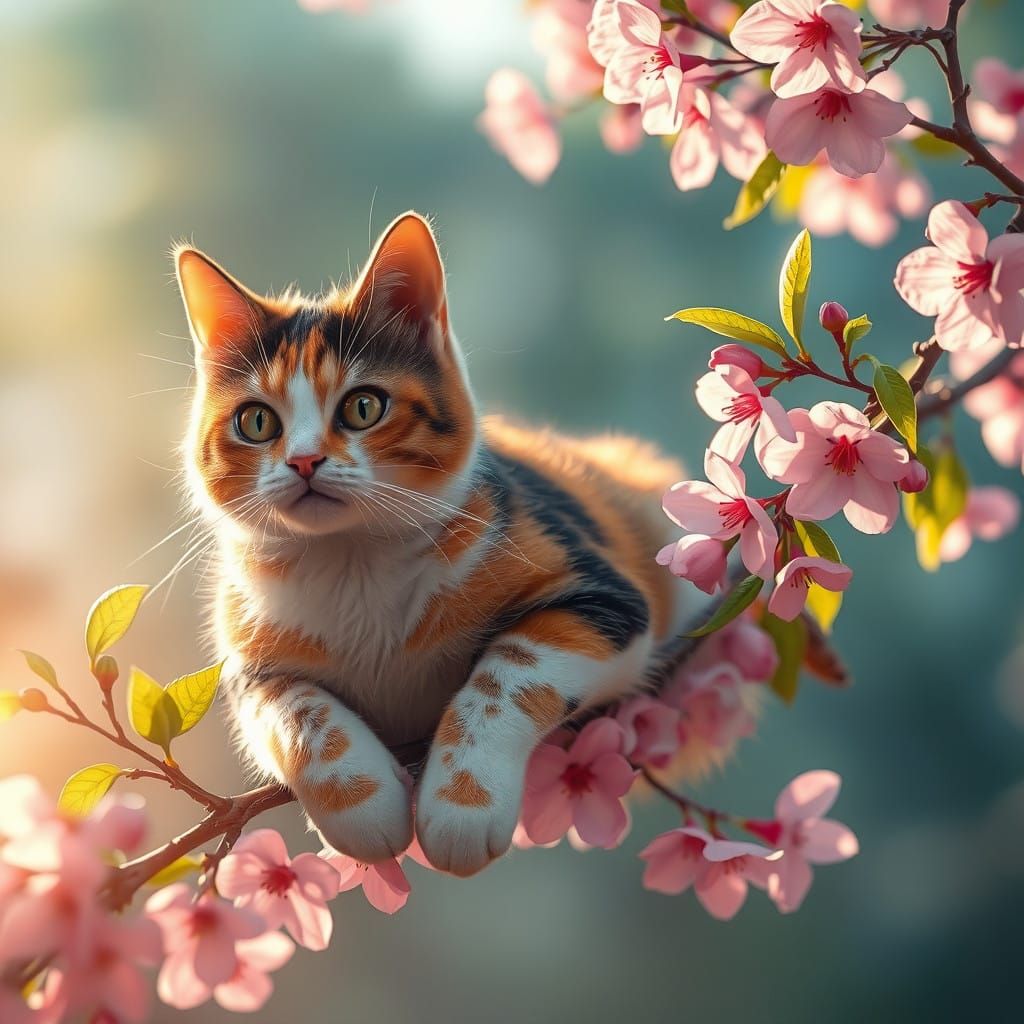 Dreamy Calico Cat in Whimsical Cherry Blossom Wonderland