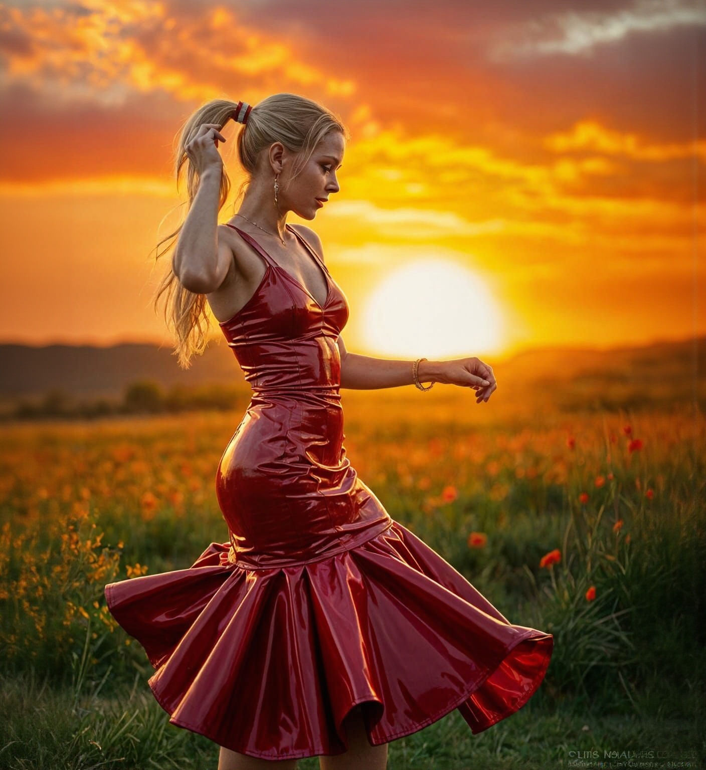 Woman in Red PVC Dress Dancing Outdoors
