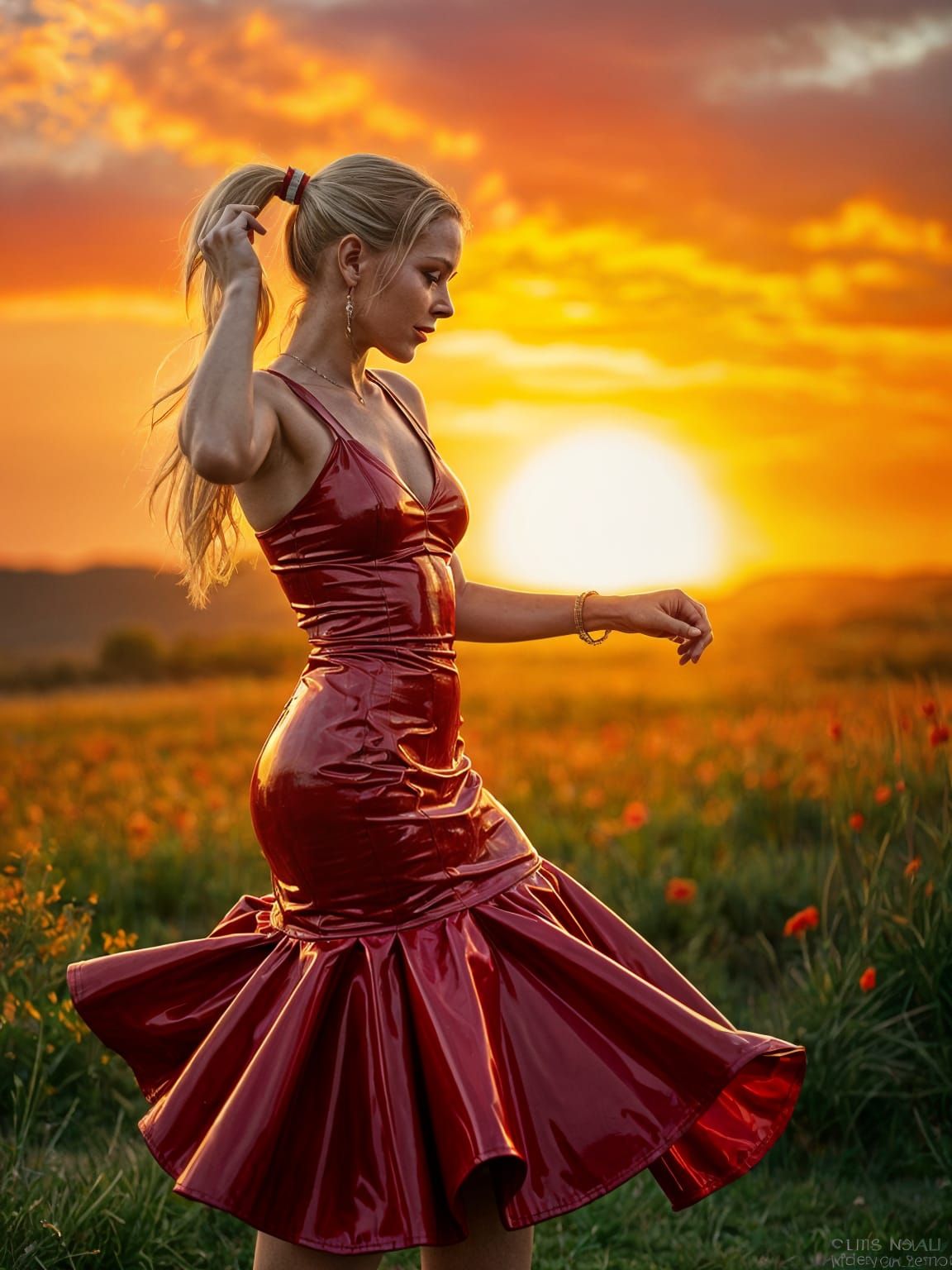Blonde Woman in Red Dress Dancing Outdoors
