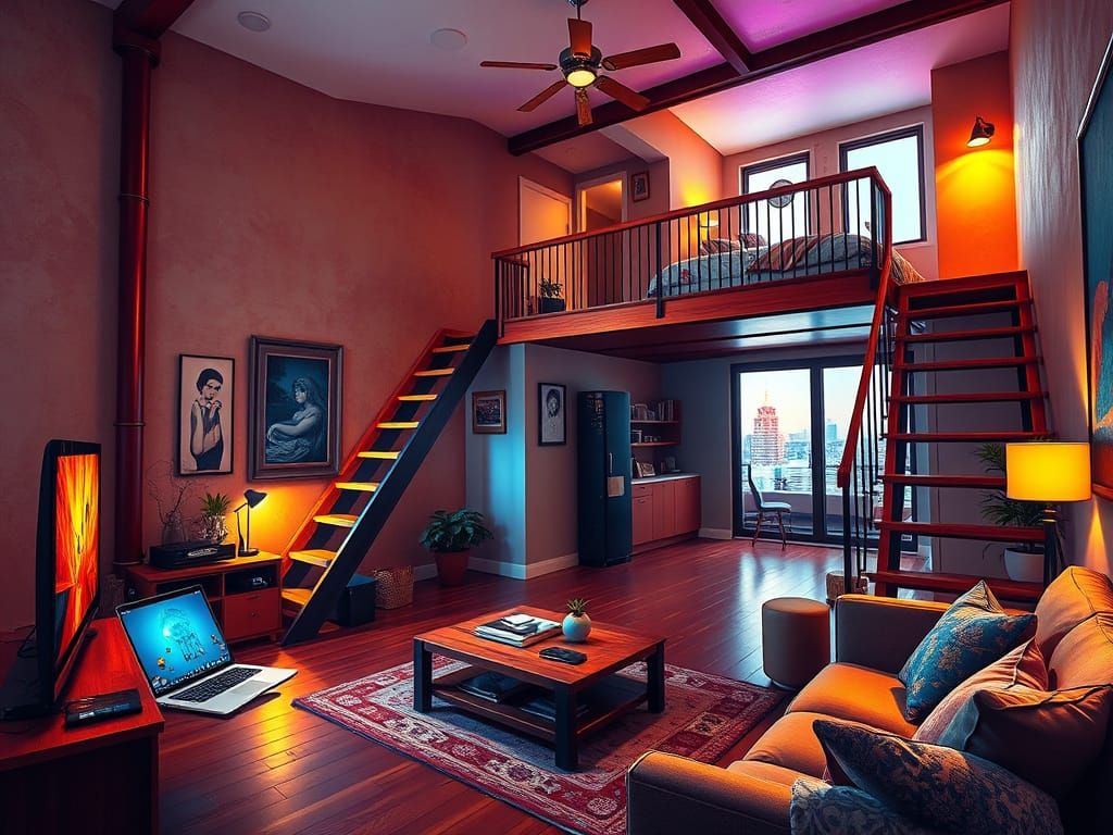 Cozy loft apartment with a nice living room(TV, couch, desk ...