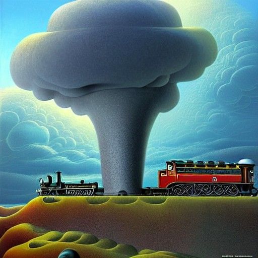 Steam Train Journey Through Sci-Fi Surreal Landscape