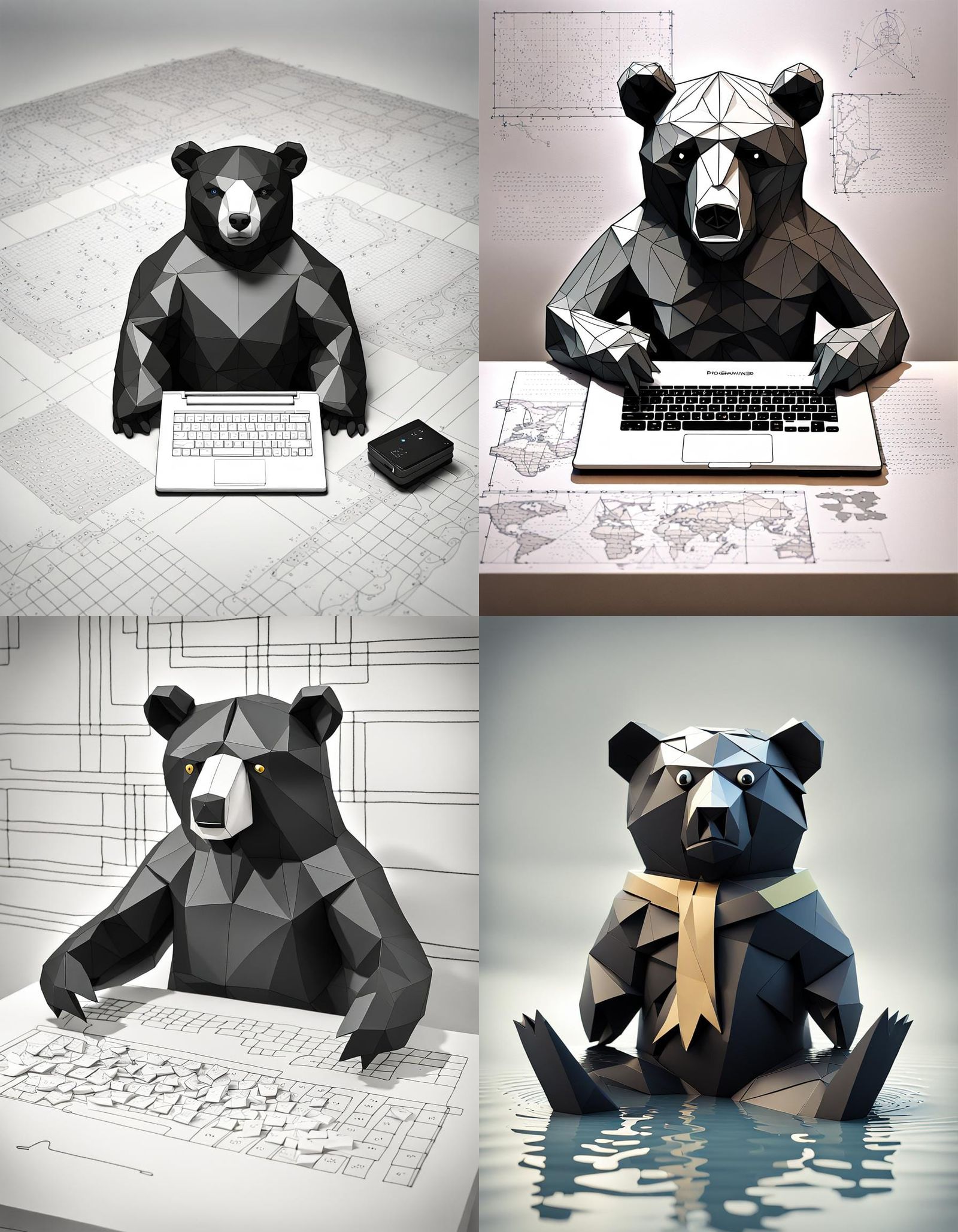 Programmer Bear Working on Laptop in Origami Style