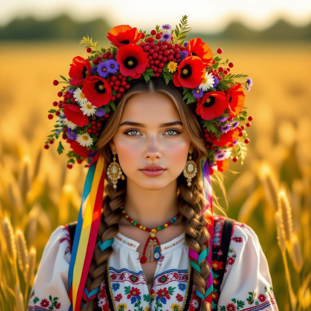 Ukrainian Woman in Wreath of Flowers Portrait