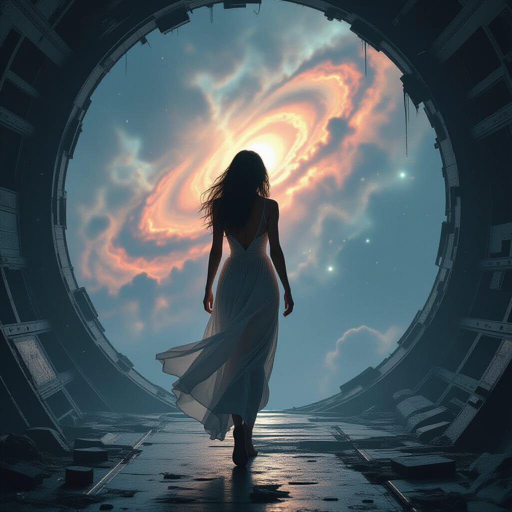 Ethereal Woman Adrift in Cosmic Void Near Crumbling Station