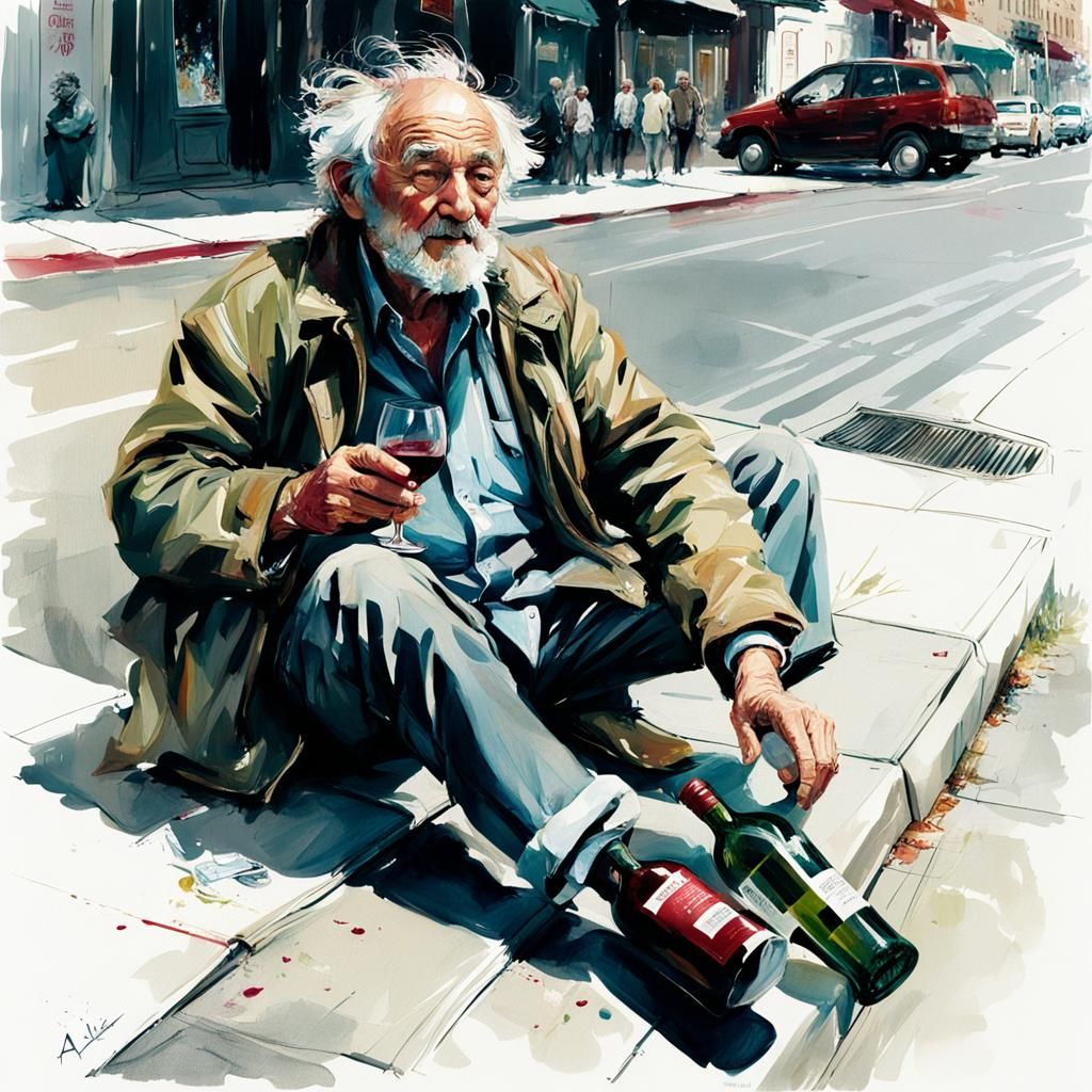 Disheveled Grandpa on City Curb, Comic Book Art