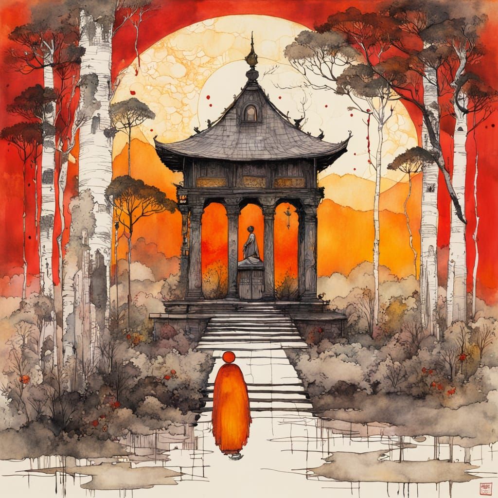 Minimal Temple in Sacred Grove Under Blood-Red Sun