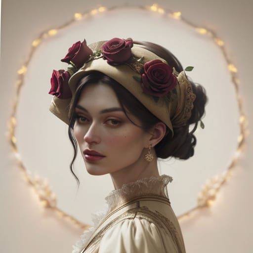 Vermeer-Inspired Woman Drinking Wine Amidst Roses