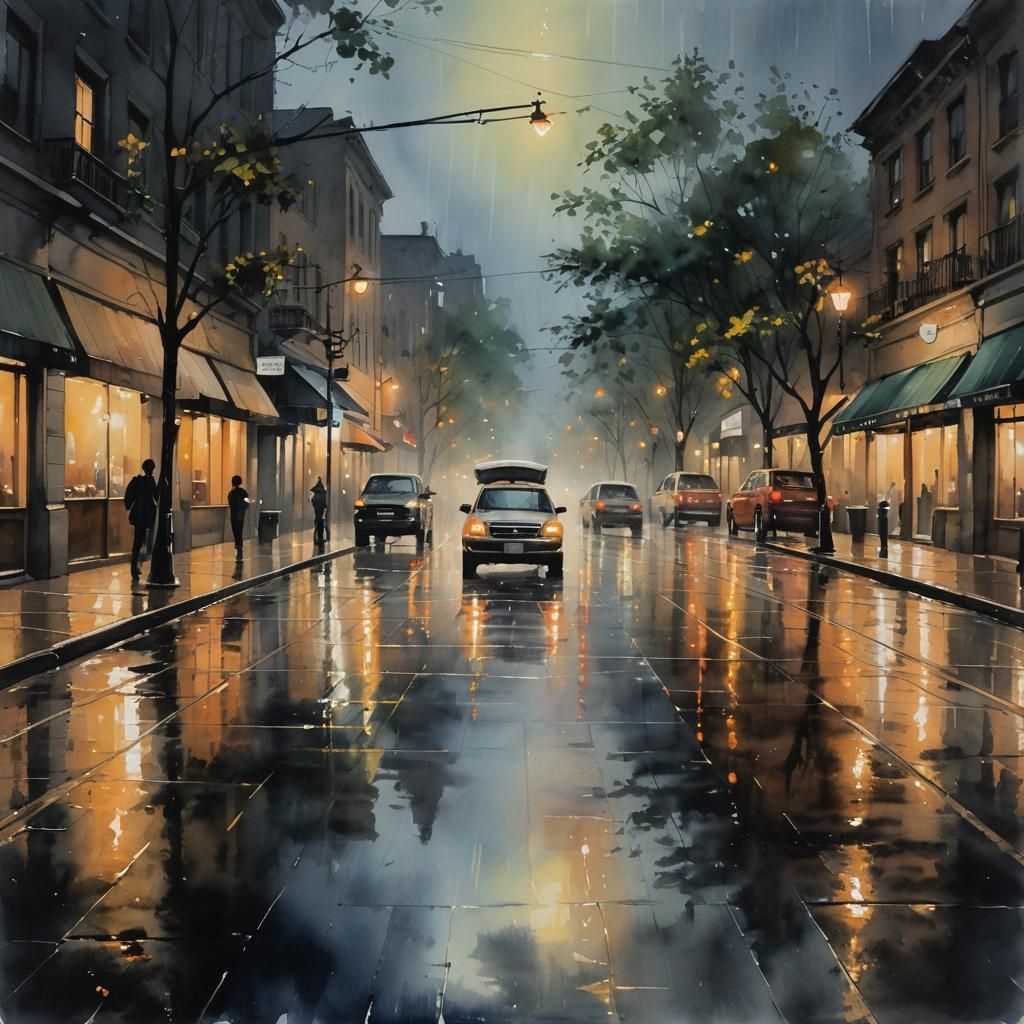 Serene Rainy Night Cityscape in Watercolor