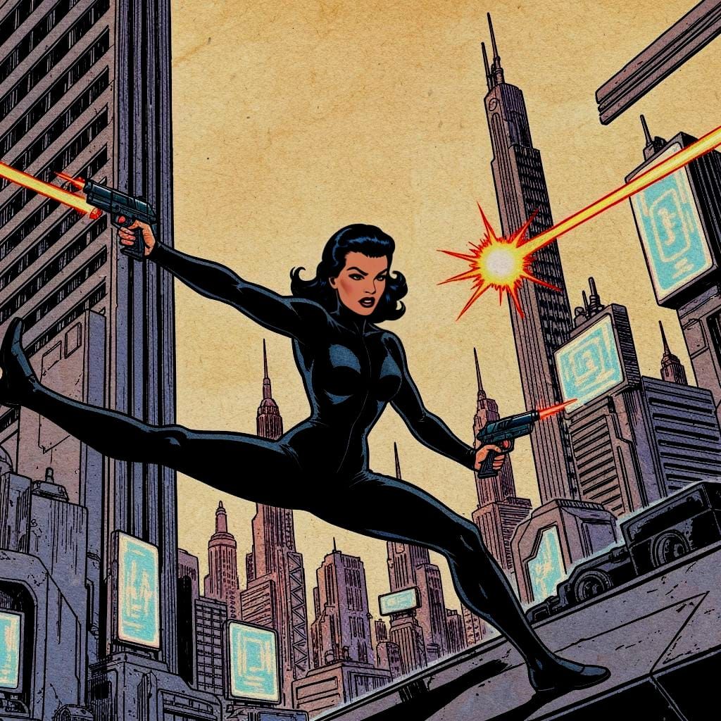 Woman Shooting Laser Pistols in Comic Book Style