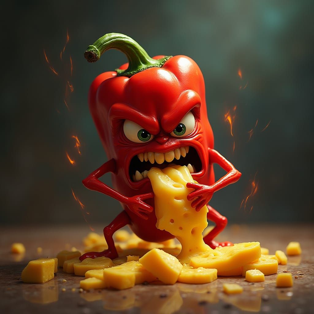 Surreal Chilli Pepper Conquers Melted Cheese in Hyperrealist...