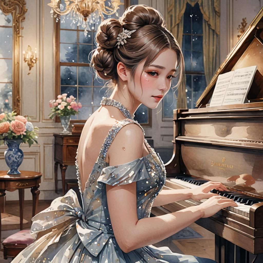 Watercolor Woman Plays Piano in Parlor, Anime Style