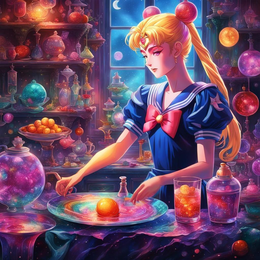 Iridescent Sailor Moon Washing Dishes: Alcohol Ink Art