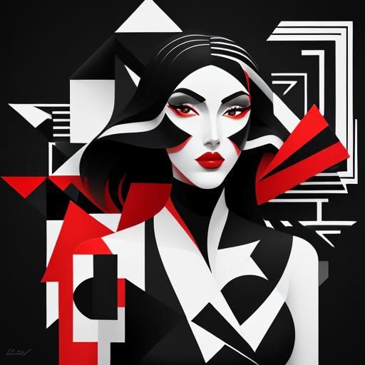 Geometric Cubist Face with Red Lips