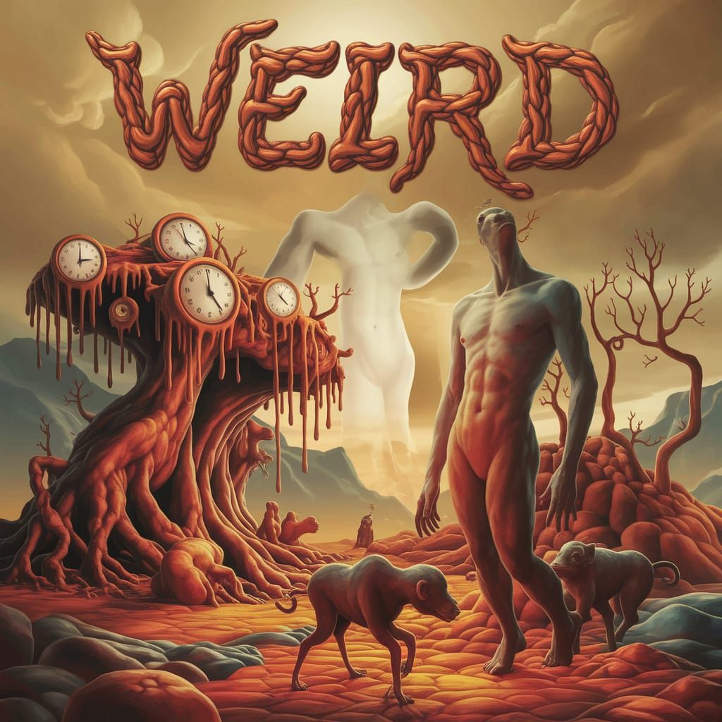 "WEIRD" is emblazoned in a surreal, triple-bold, twisted font at the top of the image. Below, a Salvador Dali-inspired l...