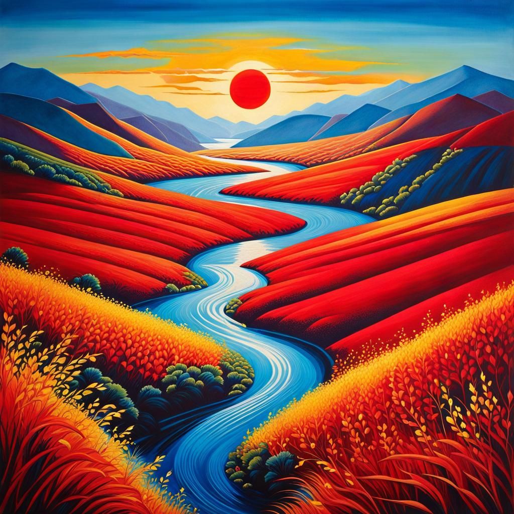 Vibrant Landscape with Red Sun, Watercolor Style