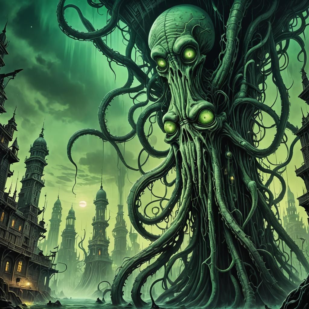 Menacing Squidward in Surreal Horror Underwater City