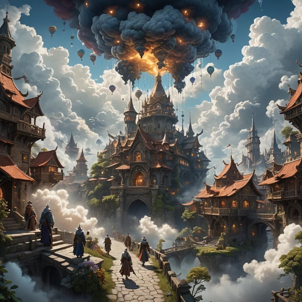 Radiant Creatures Shimmer in Ethereal Town: Fantasy Art