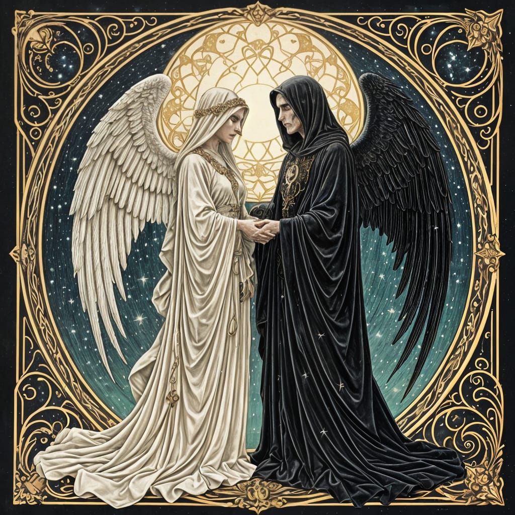 Celestial Angel and Grim Reaper in Art Nouveau Style