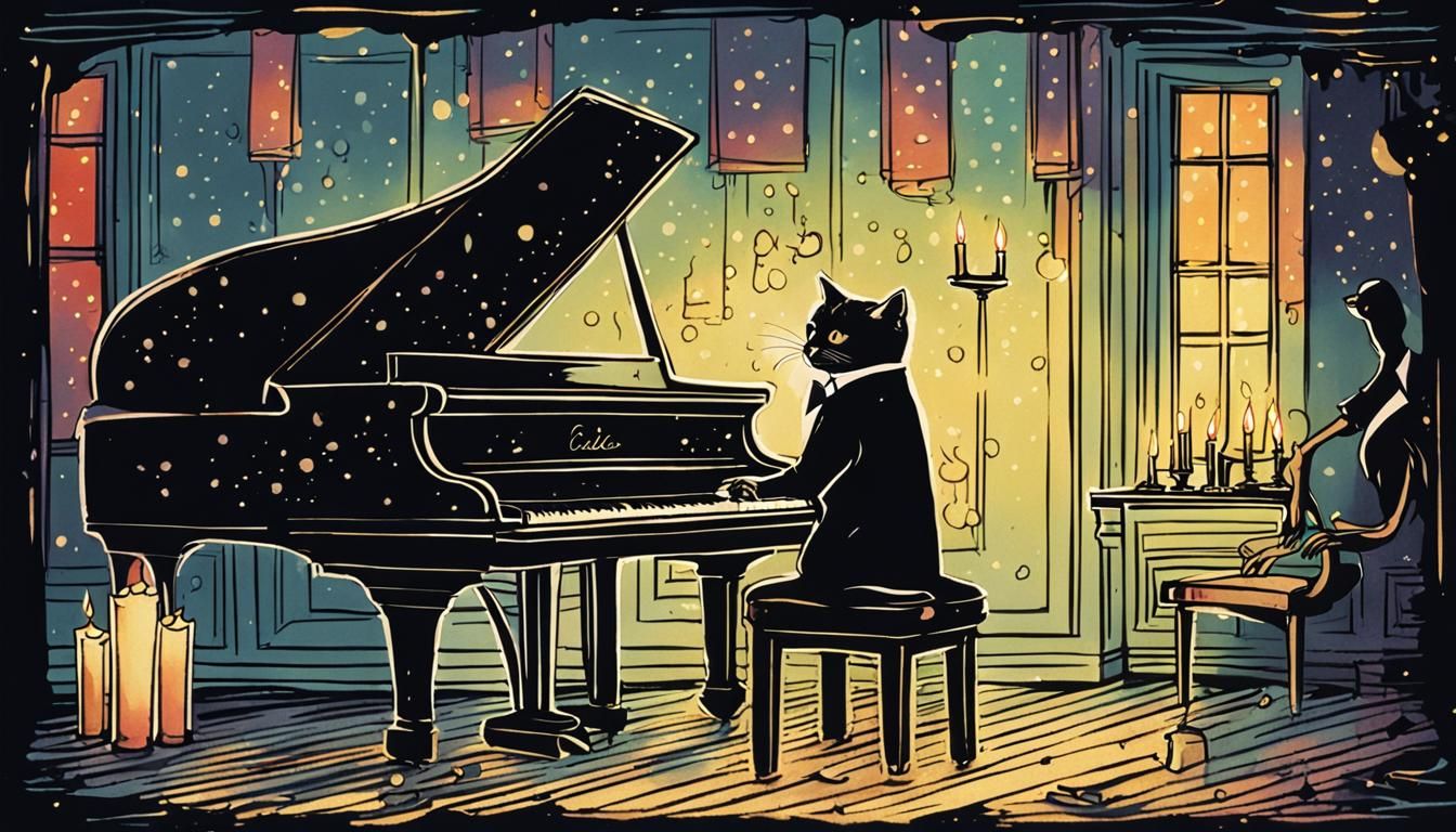 Cat in Tuxedo: Whimsical Piano Poster
