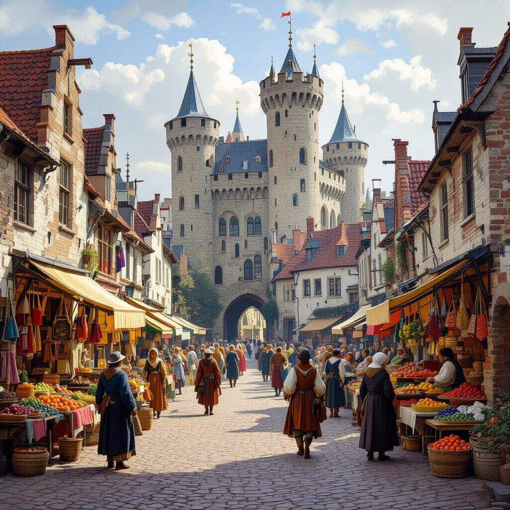 Medieval Marketplace with Castle in Dutch Golden Age Style