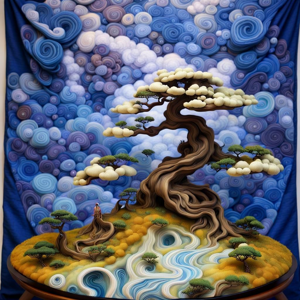 Dreamlike Bonsai Landscape with Swirling Clouds