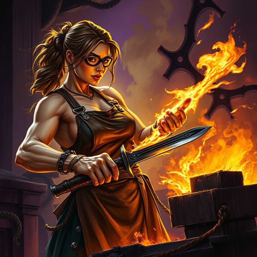 Elegant Dark Fantasy Blacksmith Forges Sword in Fiery Forge