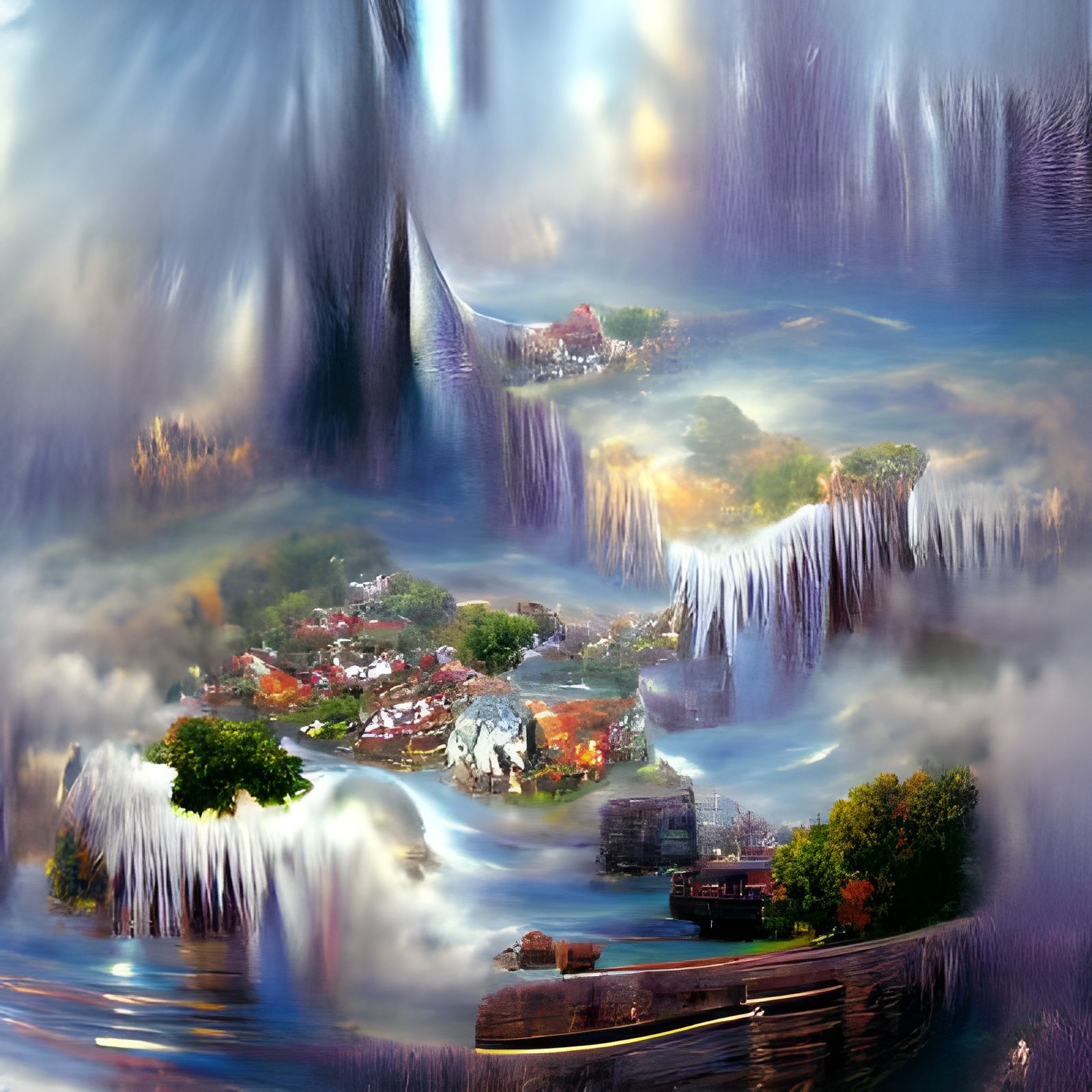 Ethereal Flat Earth Fantasy with Waterfalls
