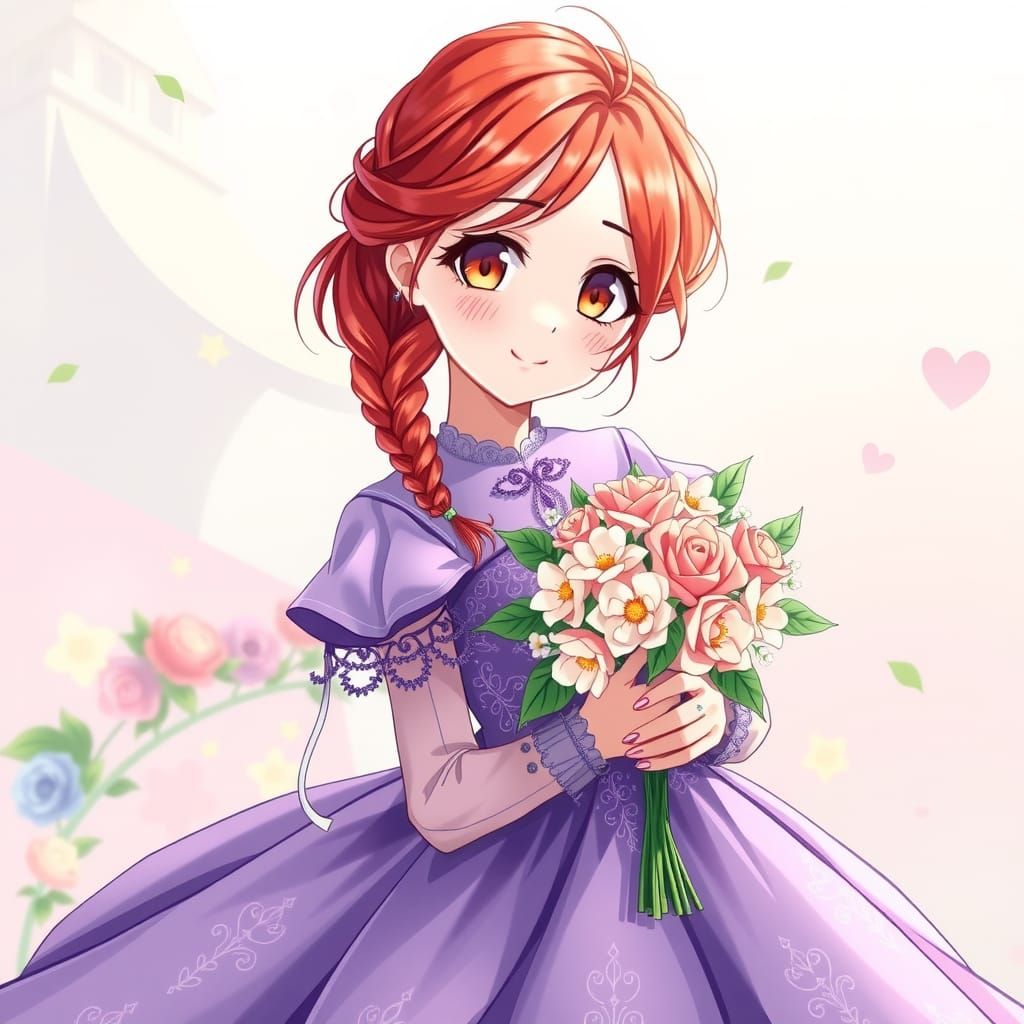 Anime Girl with Red Hair and Purple Gown
