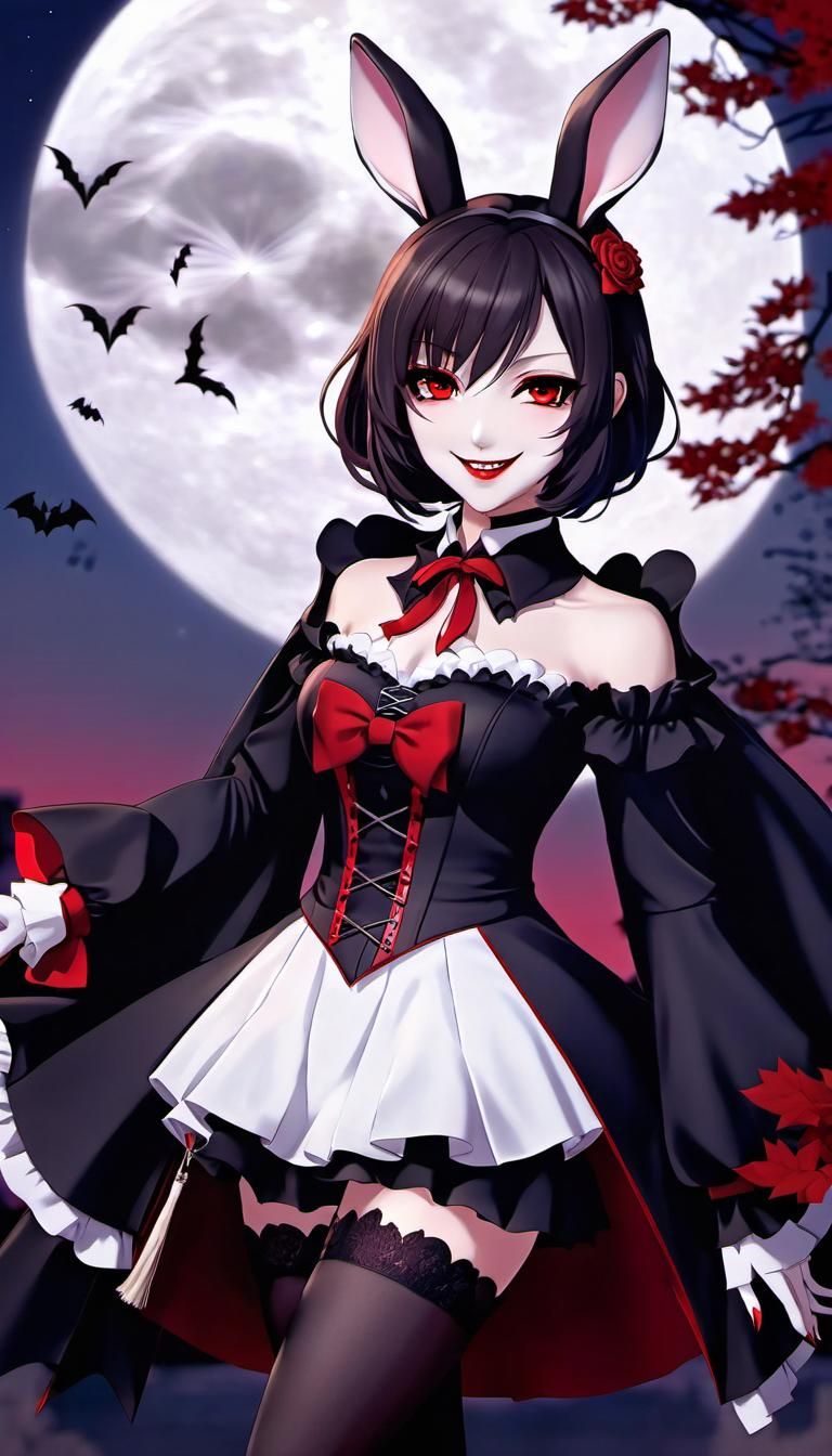 Cute Vampire Bunny Girl Grinning at Moon in Anime Style
