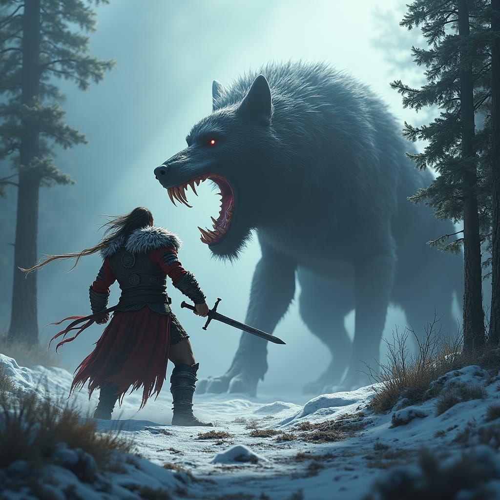 Tyr Battles Fenrir in Ominous Fantasy Landscape