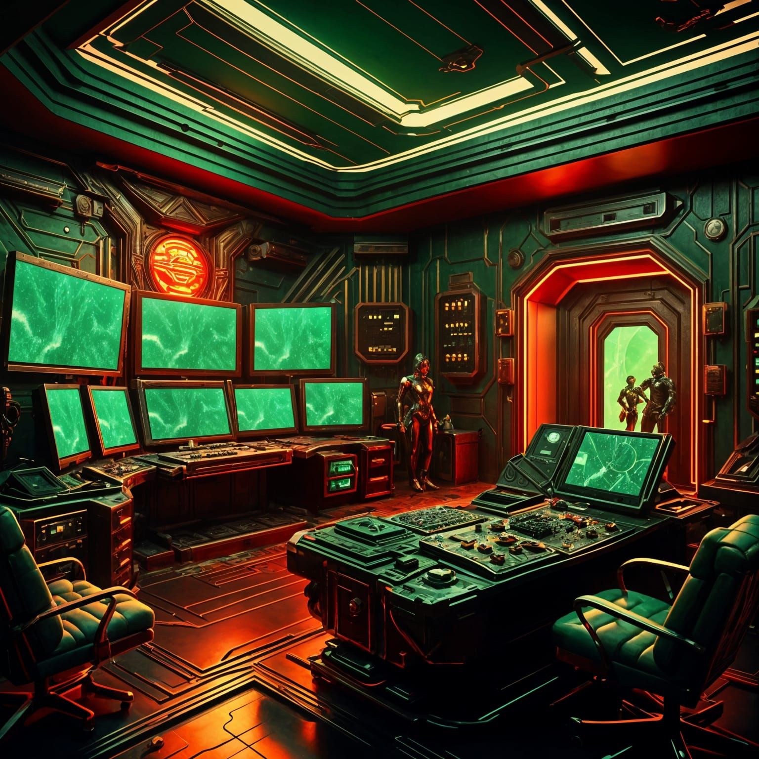 Modern Art Deco Control Room in Opulent Sci-Fi Retro Futuris...