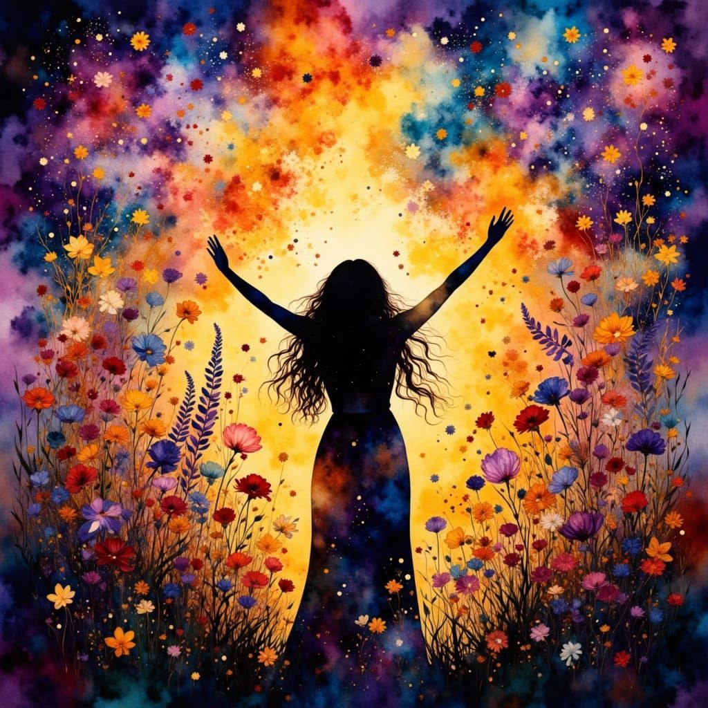 Woman in Wildflowers: Ethereal Joy in Art Nouveau Style