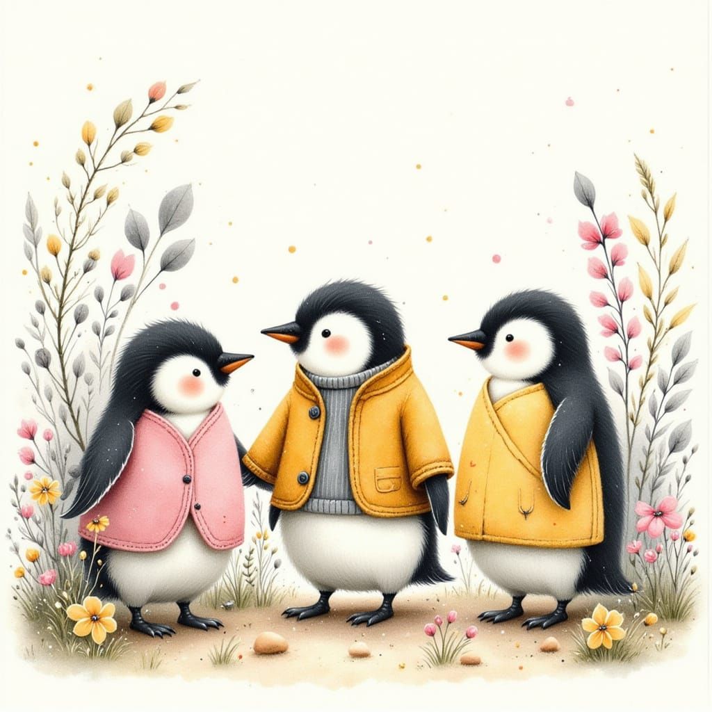 Three Penguins Enjoying Spring in Watercolour Pencil Style