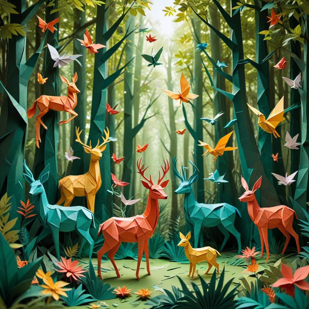 Origami Forest Scene with Paper Animals in Vibrant Style