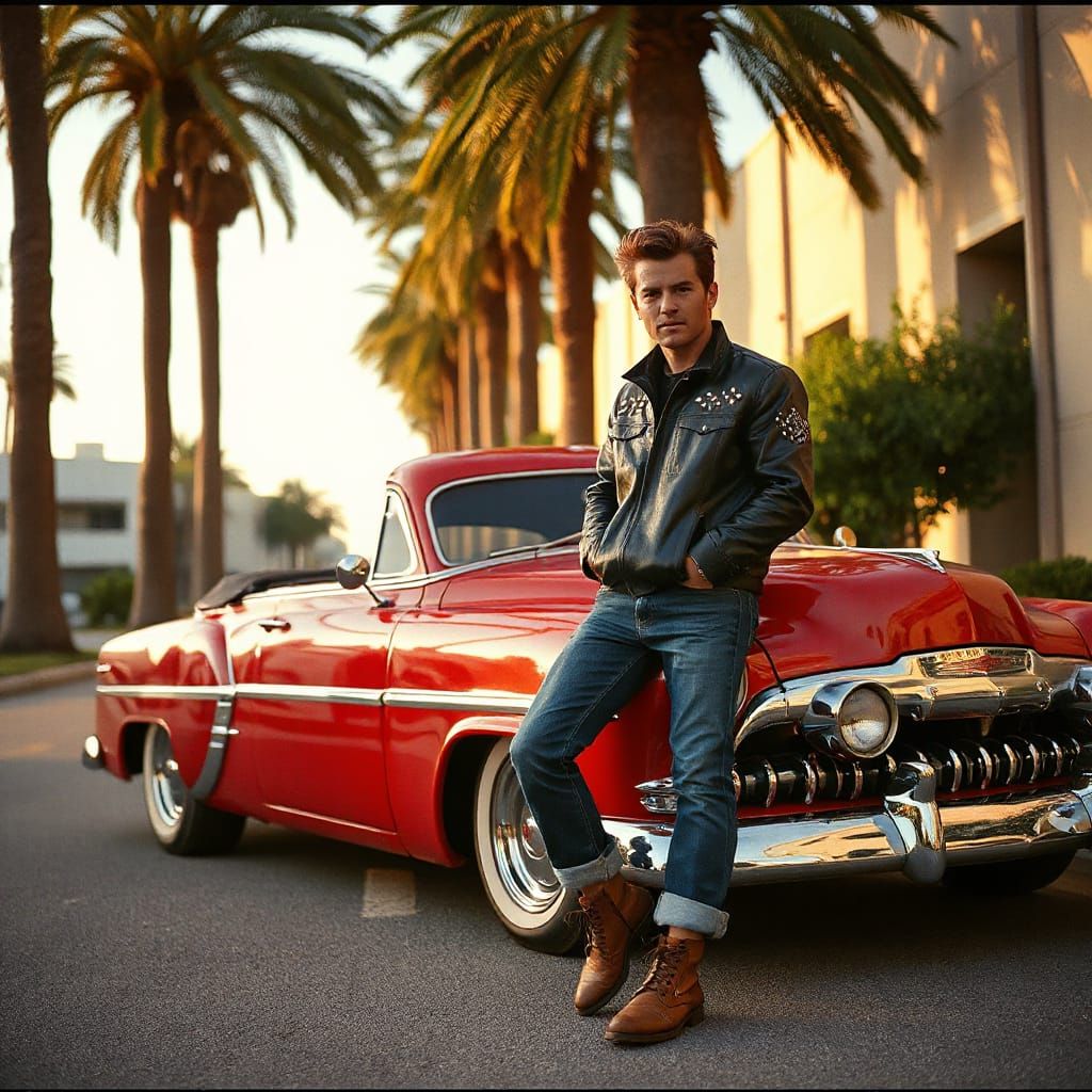 Greaser Leaning on Hot Rod in Vintage Style