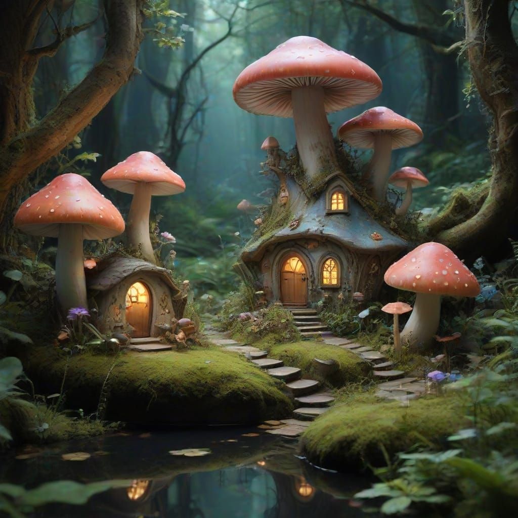 Enchanted Fairy Village Inside Bioluminescent Mushroom, Wate...