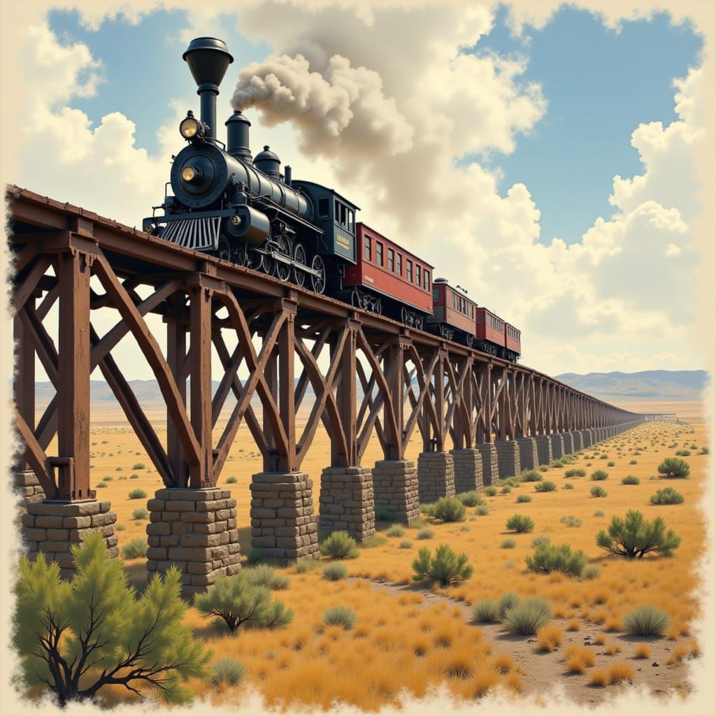 Wild West Steam Train Watercolor Painting
