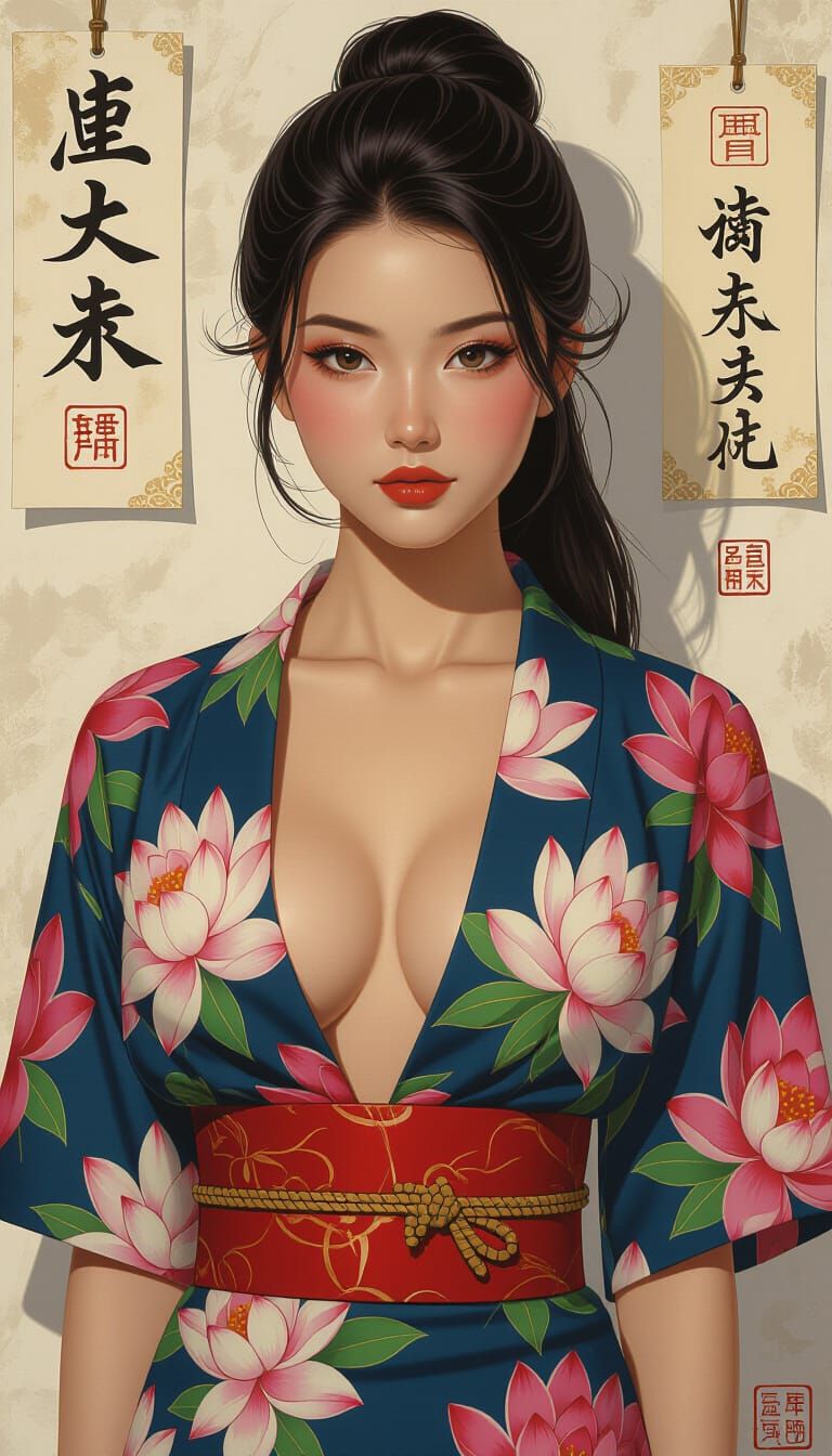Hyperrealistic Japanese Pin-up with Calligraphy Background
