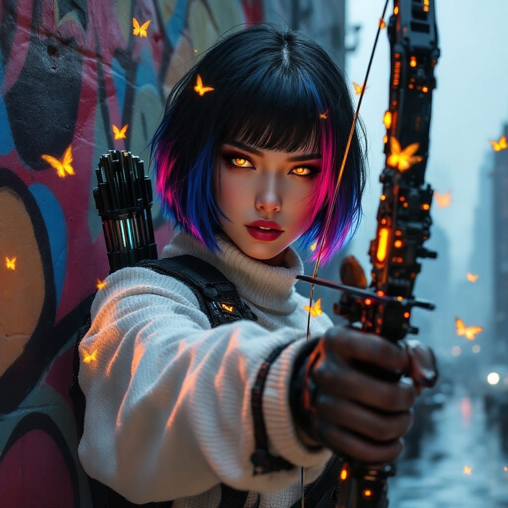 Urban Fantasy Archer in Cyberpunk Cityscape