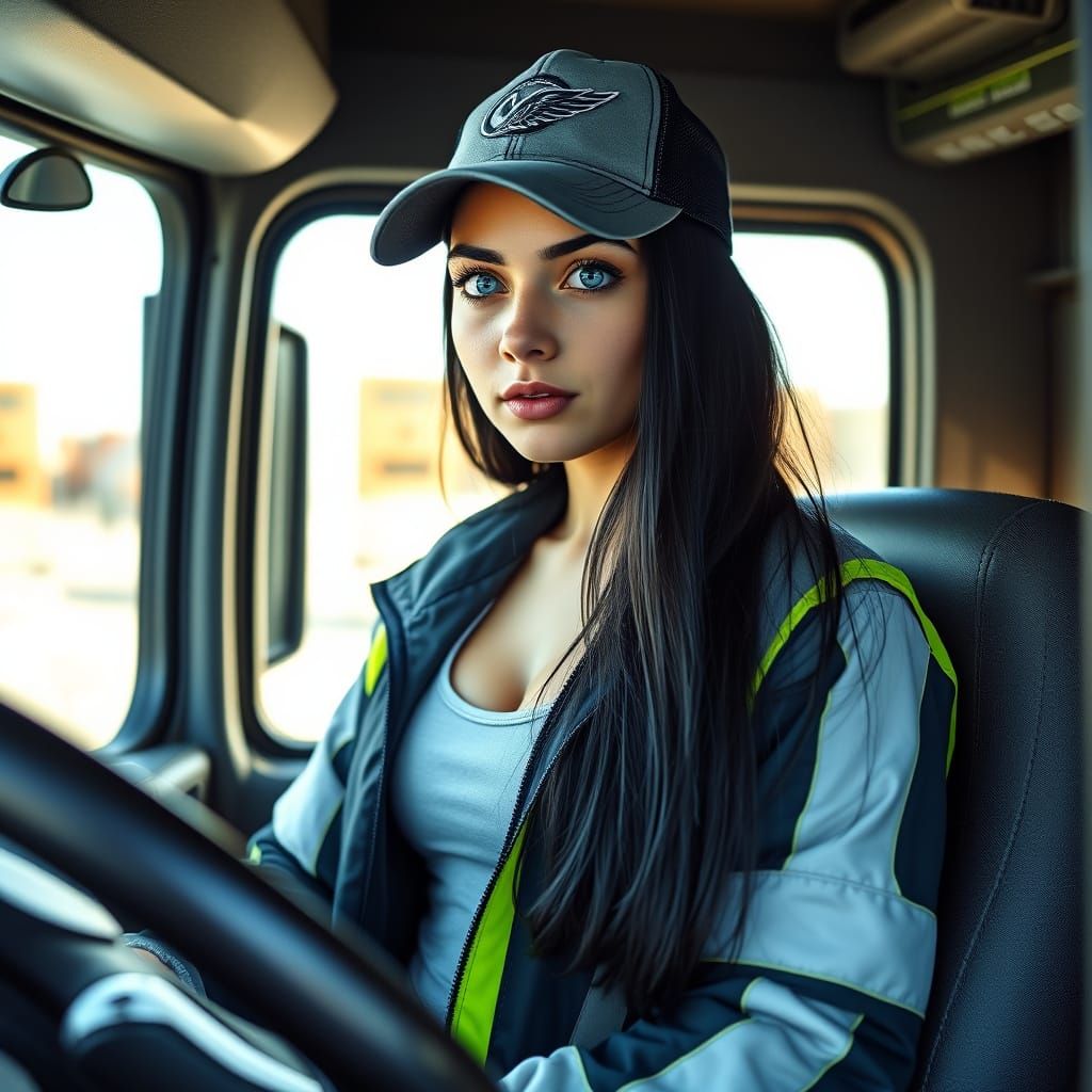 Photorealistic Young Woman Truck Driver Portrait