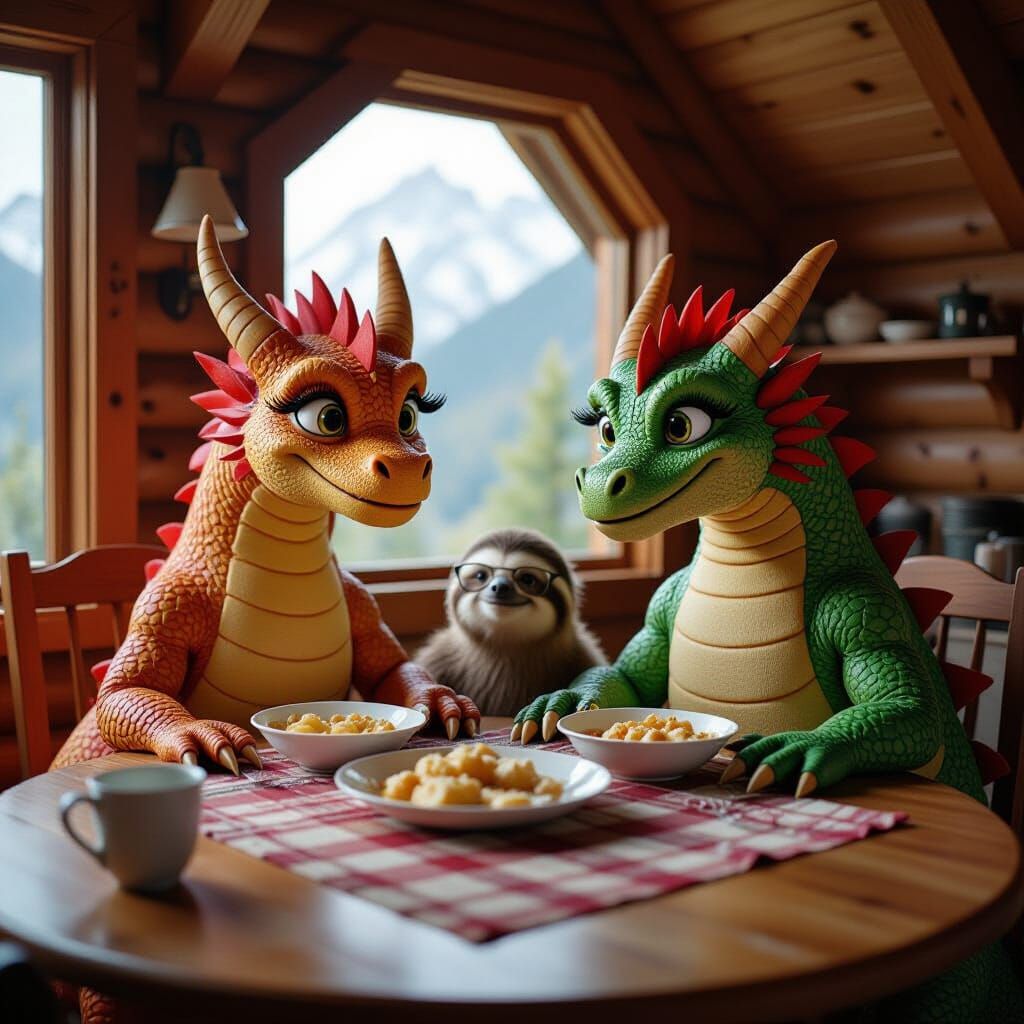 Dragons Enjoying Meal in Mountain Cabin Cinematic Still