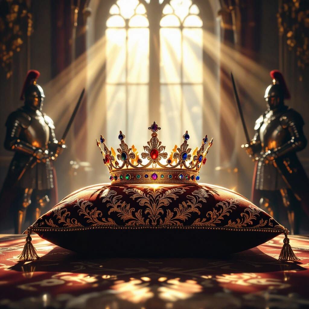 Golden Crown Protected by Guards in Dramatic Light