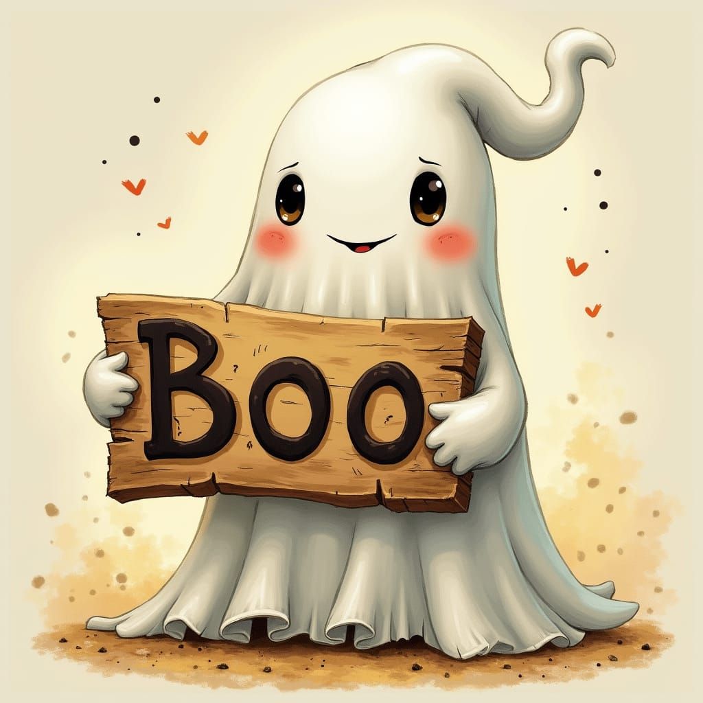 Whimsical Ghost Holding Boo Sign in Storybook Style